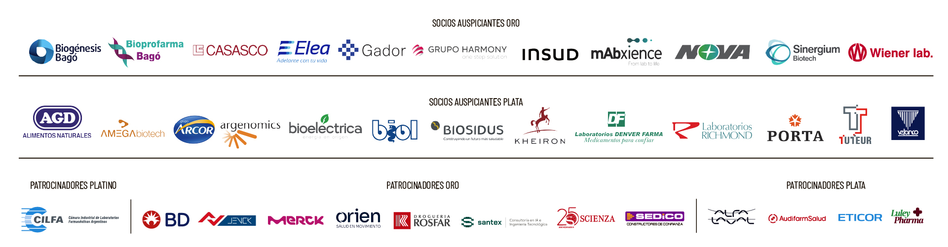 Socios Auspiciantes Oro, Socios Auspiciantes Plata, Patrocinadores Platino, Oro y Plata de BioArgentina 2026: Biogénesis Bagó, Bioprofarma, Casasco, Elea, Gador, Grupo Harmony, Insud, mAbxience, Nova, Sinergium Biotech, Wiener lab., AGD, AMEGA Biotech, Arcor, Argenomics, Bioelectrica, BIO, Biosidus, Kheiron, Denver Farma, Laboratorios Richmond, Porta, Tuieur, Vetanco, CILFA, BD, Jenck, Merck, Orien, Droguería Rosfar, Santex, Scienza, Sedico, AudifarmSalud, Eticor y Luley Pharma